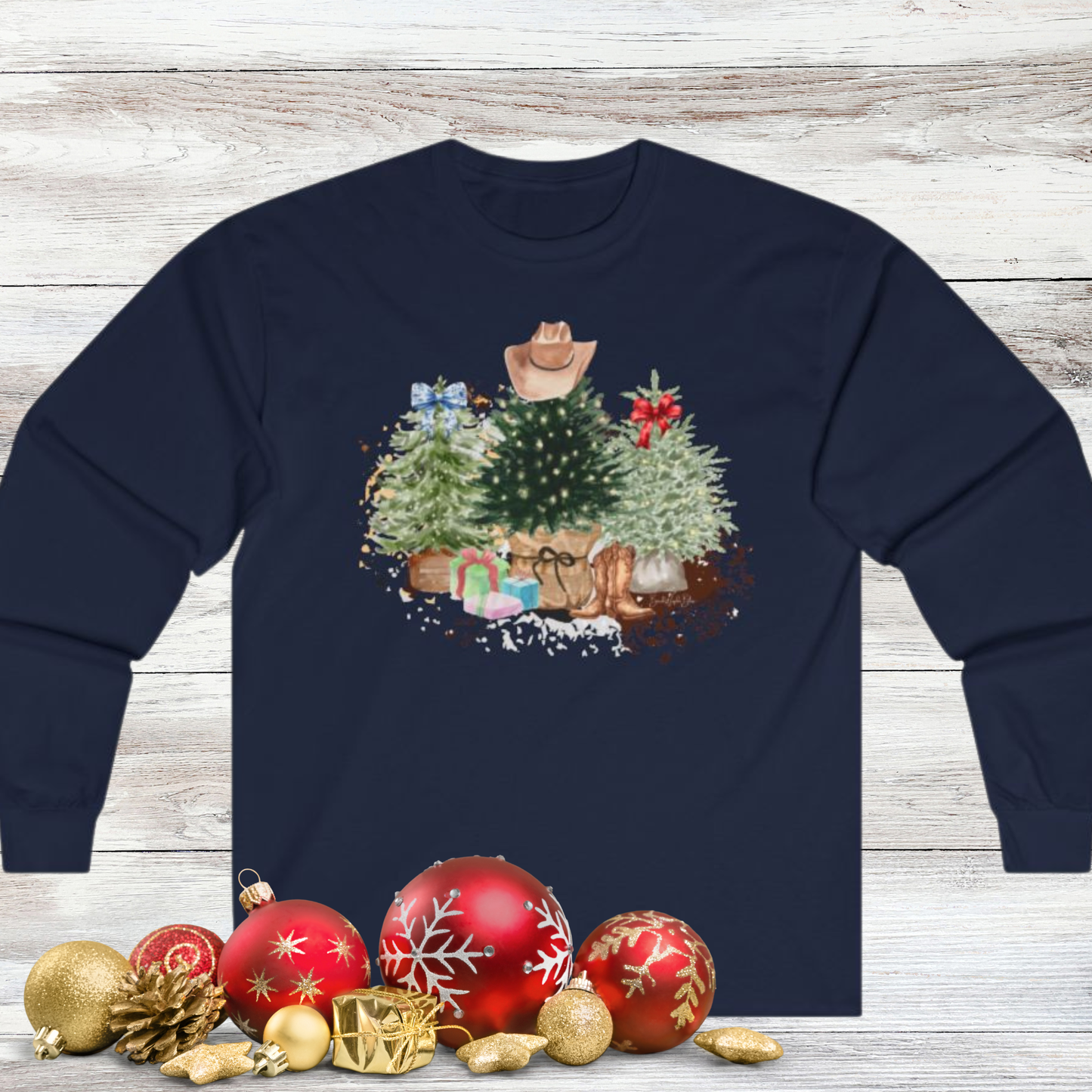 Western Christmas Gildan Unisex Long Sleeve Tee-Navy
