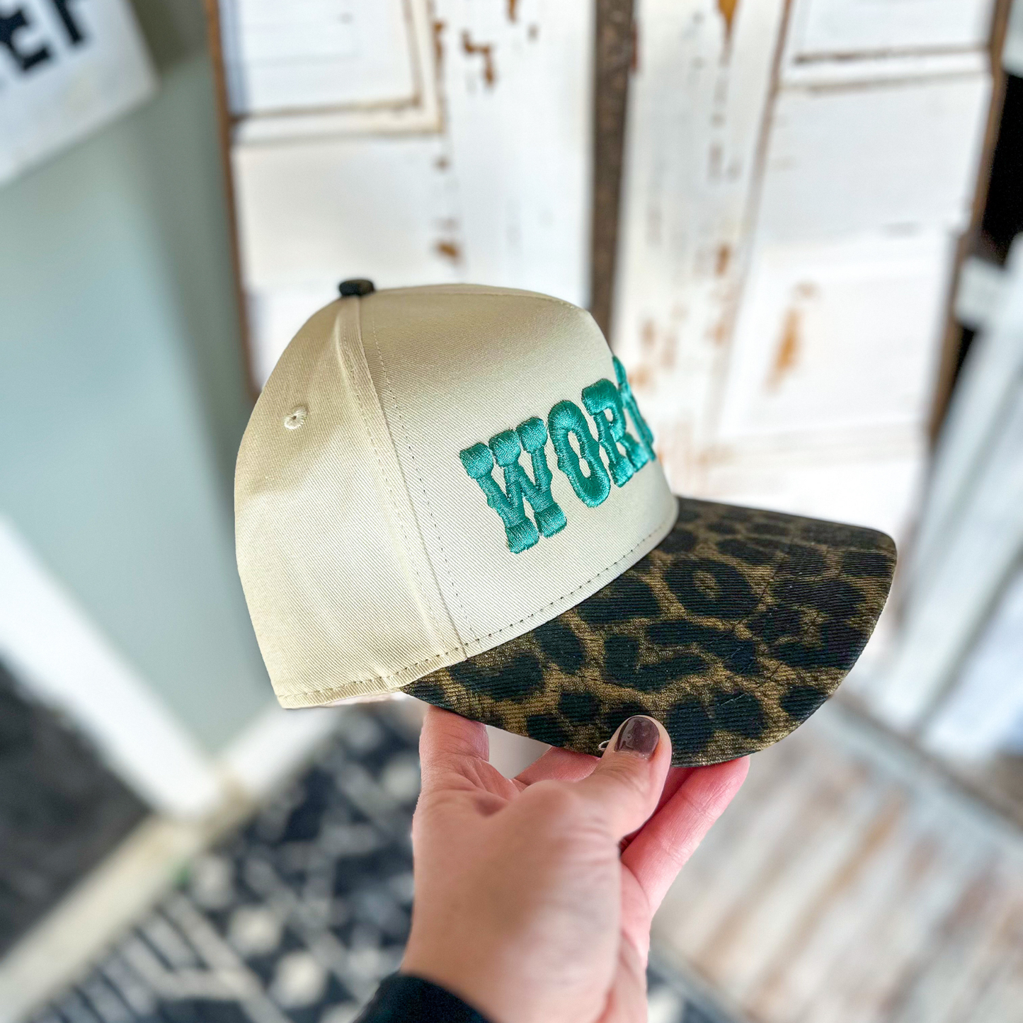 Worthy Western Embroidered Trucker Hat-Leopard & Turq