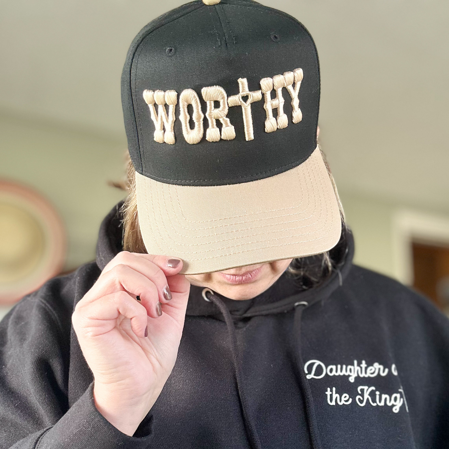 Worthy Western Embroidered Trucker Hat-Black & Khaki
