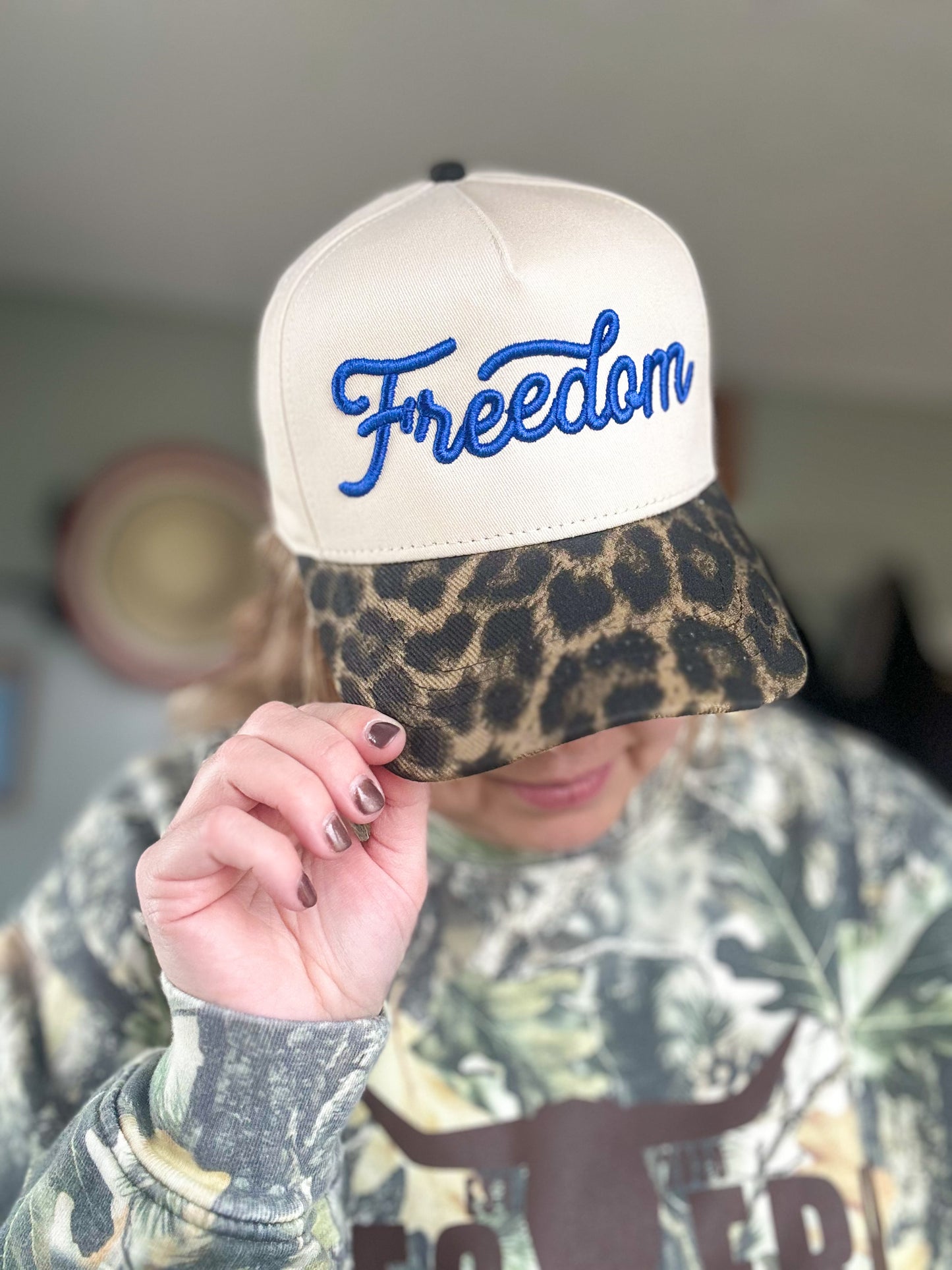 Freedom Cream & Leopard Trucker Hat-Blue Embroidery