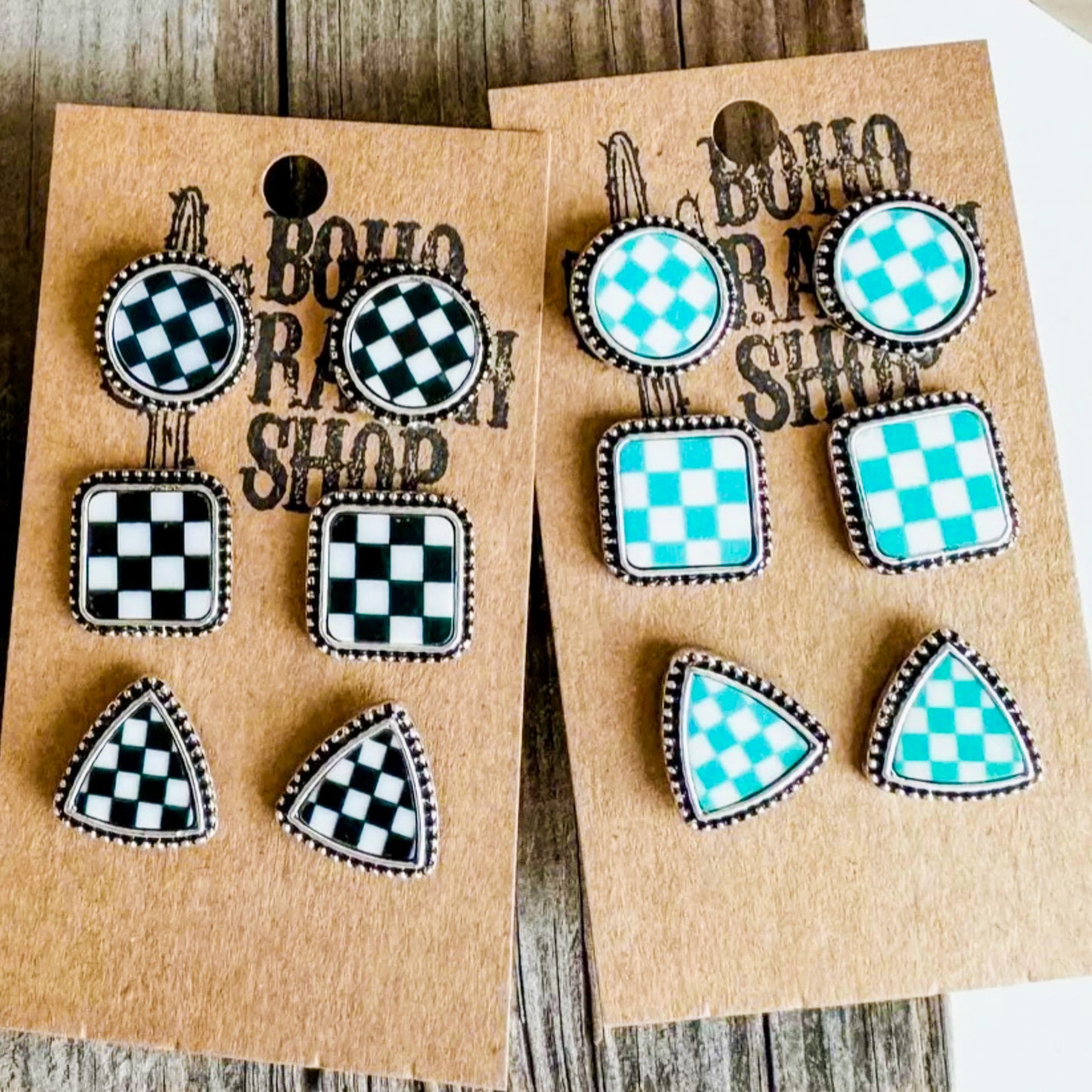 Western Checker Shape Post Earring Set