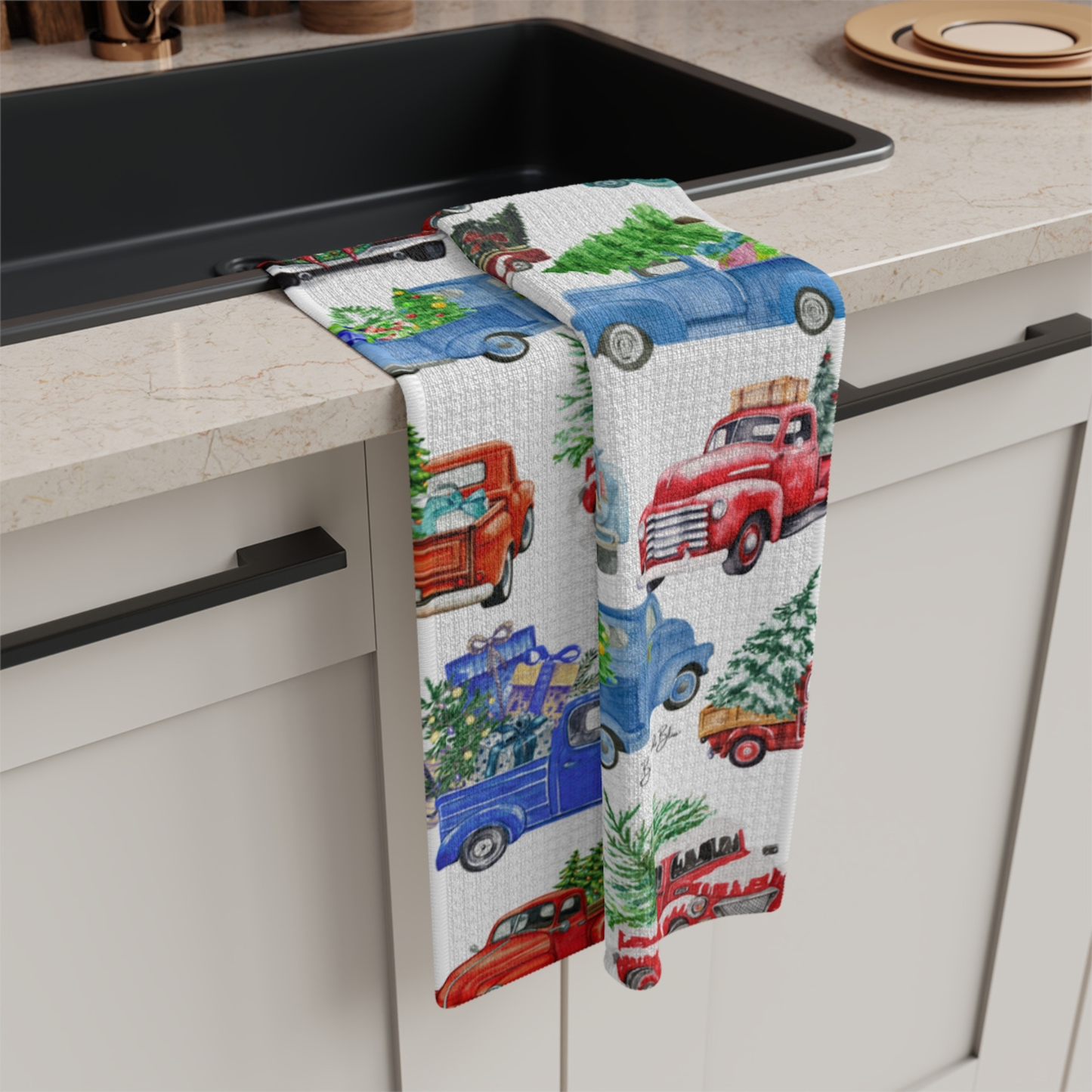 Vintage Christmas Trucks Microfiber Tea Towel