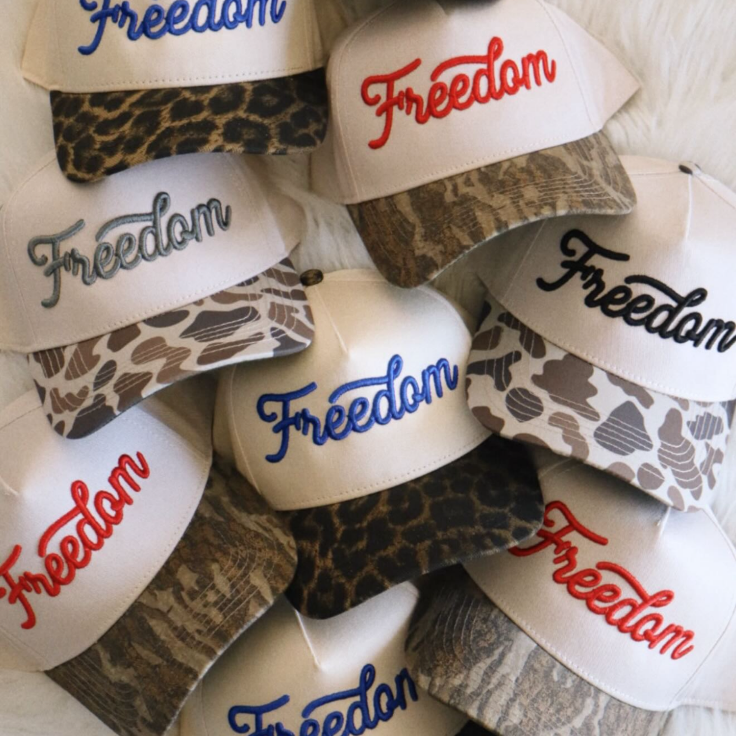 Freedom Puff Embroidered Camo Trucker Hat-Red