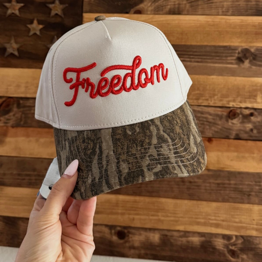 Freedom Puff Embroidered Camo Trucker Hat-Red